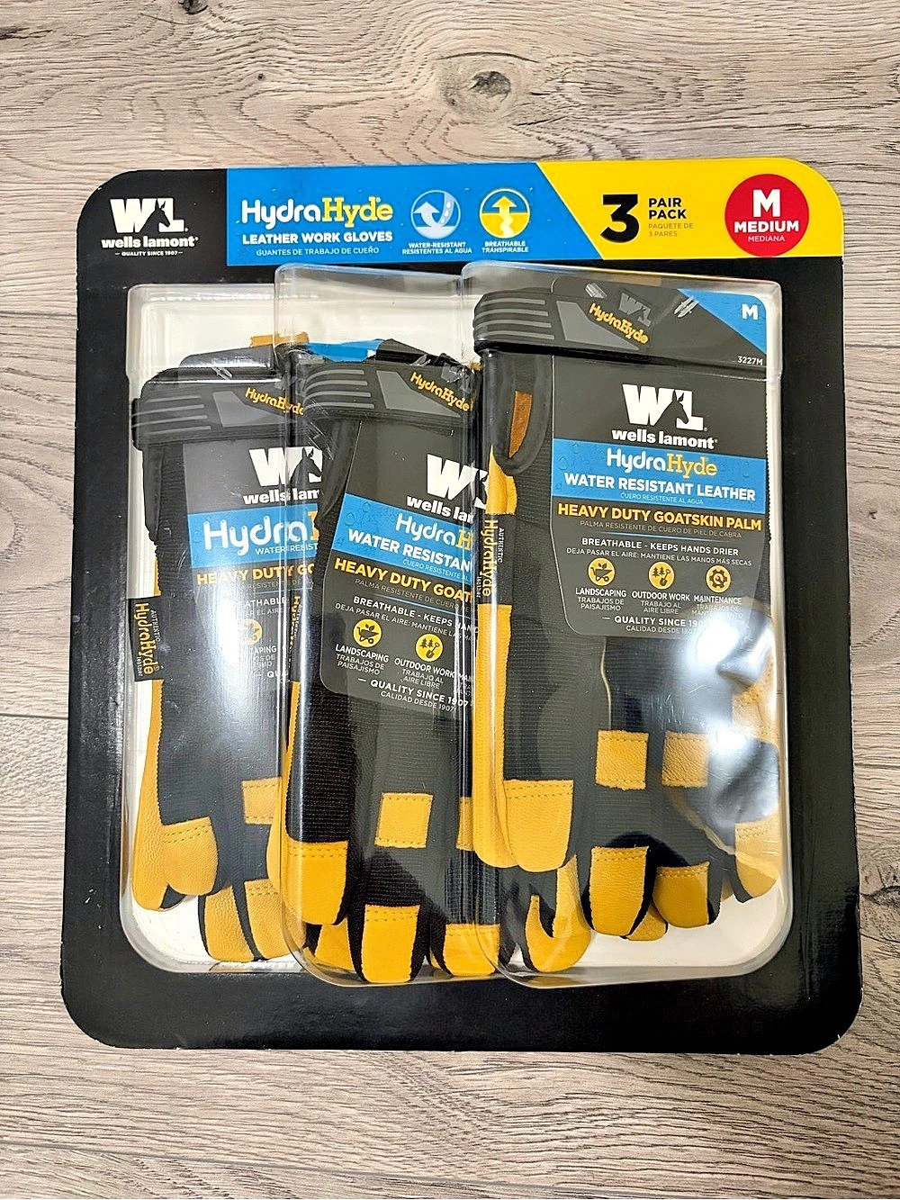 Wells Lamont HydraHyde Leather Work Gloves Black & Yellow Medium NWT